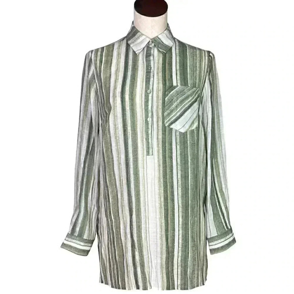 Nanette Lepore Womens S Striped Linen Look Tunic Top Green Sage Rayon Blend LS - Picture 1 of 10